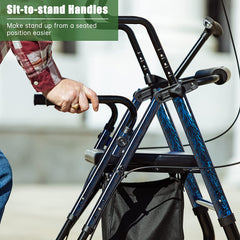 Tall Upright Walker with Padded Armrest and Seat, Large Under-Seat Basket for Seniors, Flame Blue