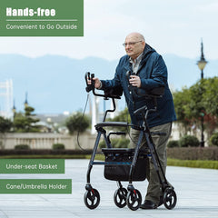 Tall Upright Walker with Padded Armrest and Seat, Large Under-Seat Basket for Seniors, Flame Blue