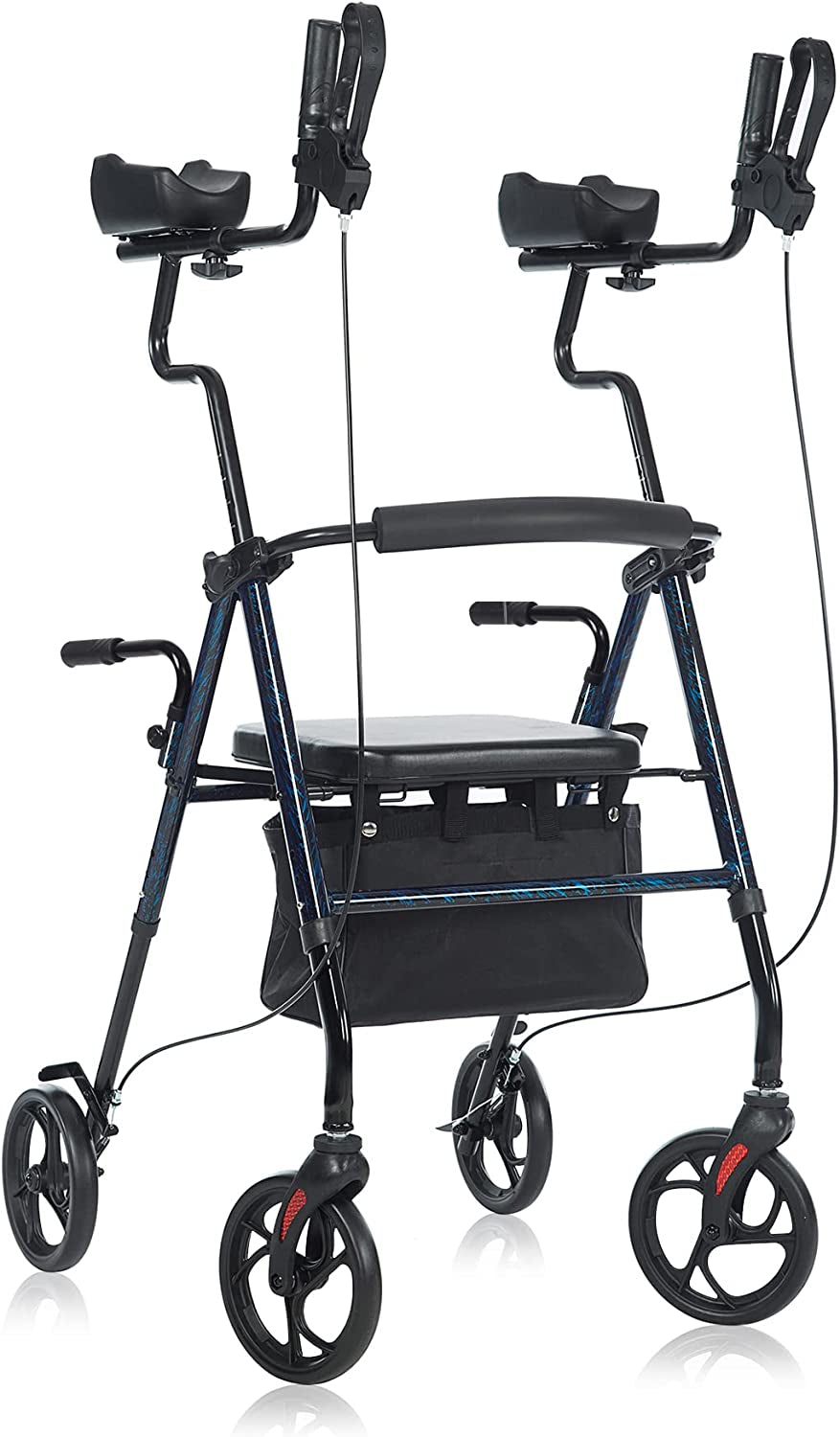 Tall Upright Walker with Padded Armrest and Seat, Large Under-Seat Basket for Seniors, Flame Blue