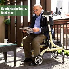 Upright Rollator Walker with Shock Absorber, 10" Front Wheels and Zipper Storage Basket for Seniors,Champagne