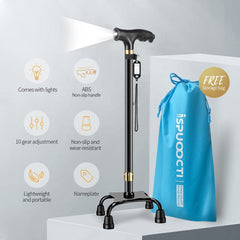 Cane with LED Light,Walking Cane for Men & Women,Walking Sticks for Seniors,Telescopic Non-Slip Cane,Stable and Portable,Cane with 10 Adjustment Heights,With Travel Bag(Big Four Feet-Black)