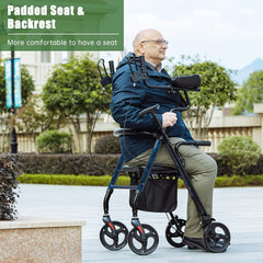 Tall Upright Walker with Padded Armrest and Seat, Large Under-Seat Basket for Seniors, Flame Blue